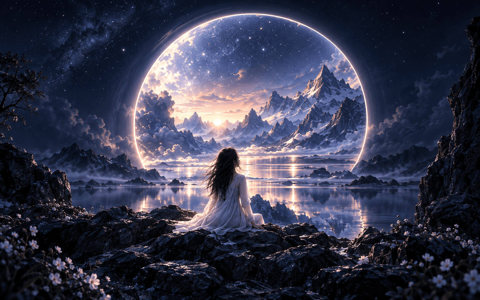 月环下的旅人与雪山湖泊，AIVISUAL 夜间主题主视觉