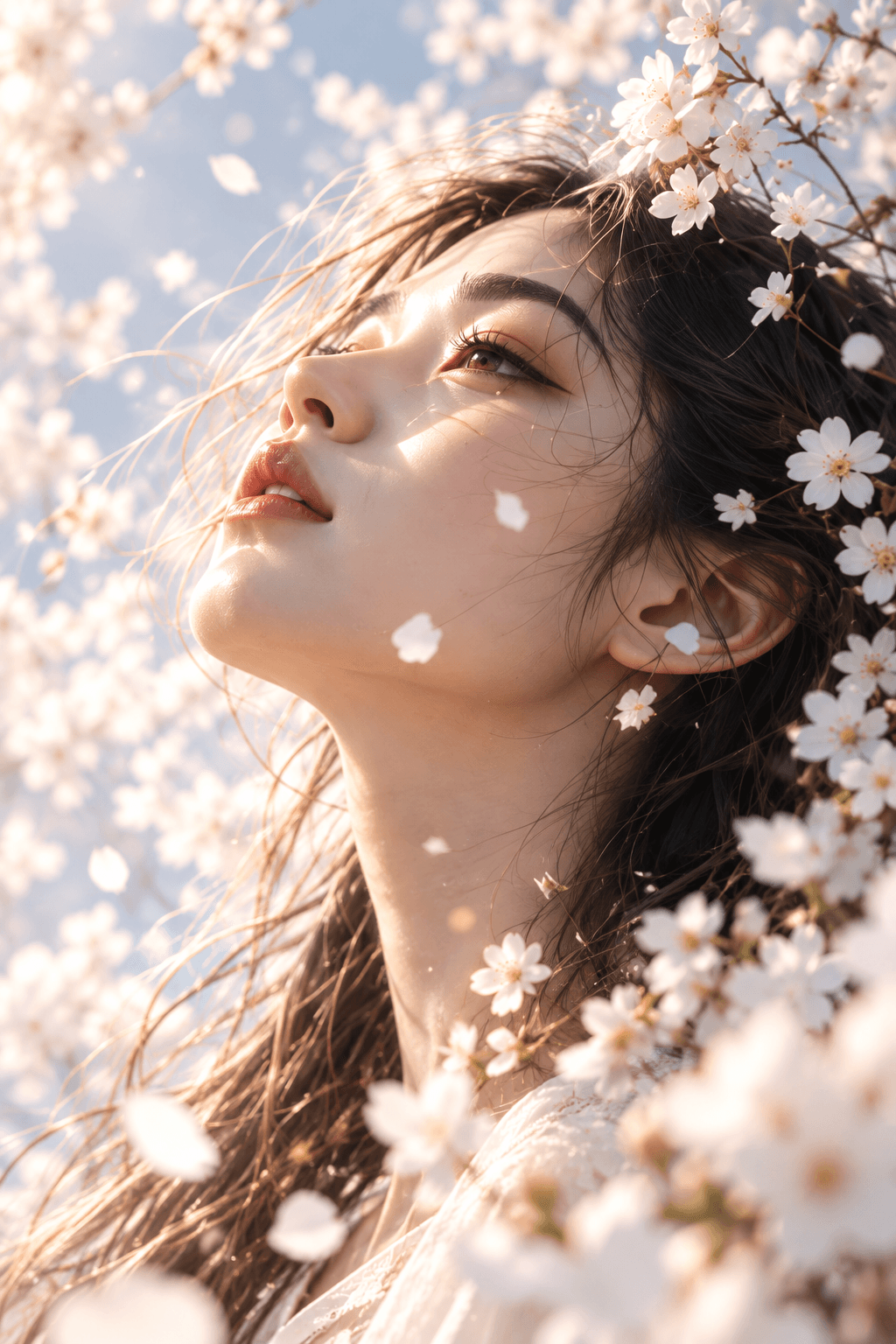 仰望花瓣与日光的女性肖像，AIVISUAL 日间主题主视觉